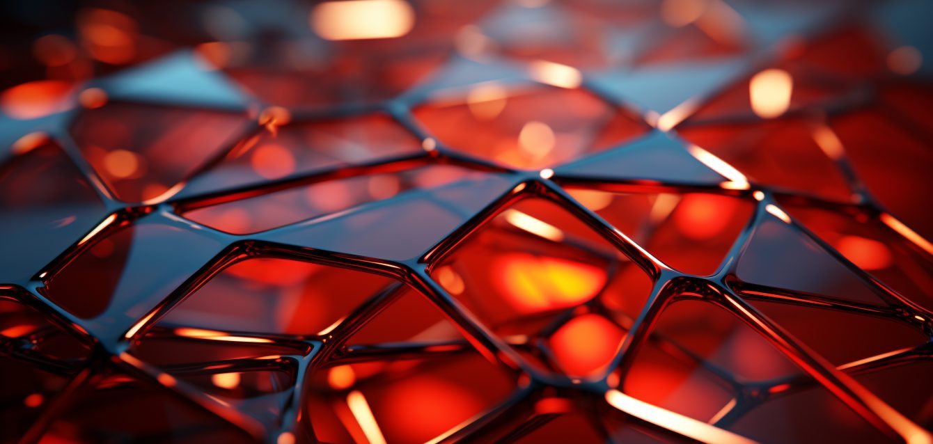 Abstract pattern of bright, glowing spheres reflects on wet glass generated by AI