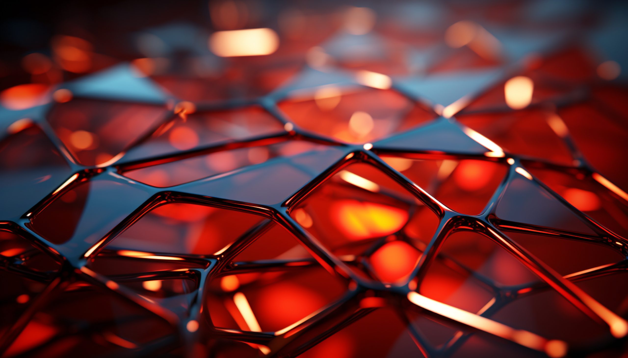 Abstract pattern of bright, glowing spheres reflects on wet glass generated by AI